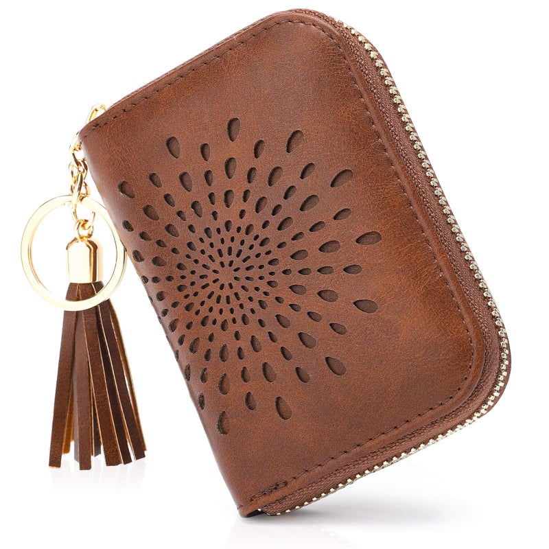 APHISON RFID Credit Card Holder Zipper Card Case Keychain Small Wallet for Women 1927 COFFEE - Image 1
